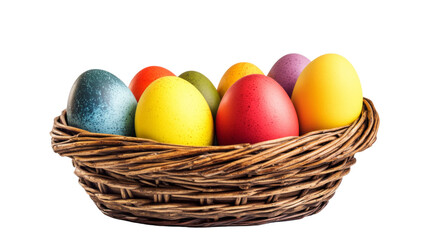 Naklejka premium Colorful easter eggs resting in a wicker basket on transparent background