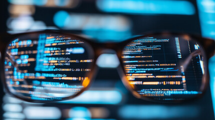 Software code reflected in glasses, cybersecurity data, digital technology, close-up.