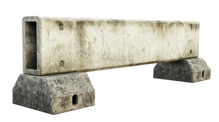 Old concrete road barrier resting on two supports with transparent background