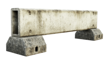 Old concrete road barrier resting on two supports with transparent background