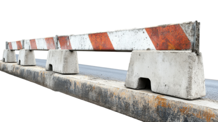Concrete jersey barriers with red and white warning stripes blocking road access with transparent background
