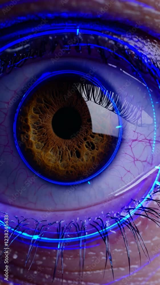 Poster an extreme close-up where the pupil seems to reflect digital icons or data streams in electric-blue 