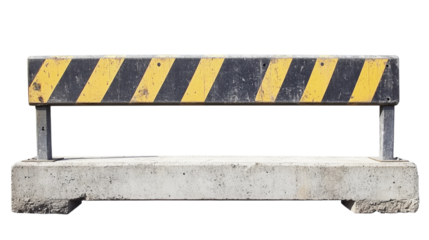 Concrete jersey barrier with black and yellow hazard stripes on transparent background