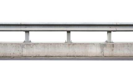 Metal guard rail on concrete curb with transparent background