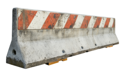 Old concrete road barrier with red and white stripes on transparent background