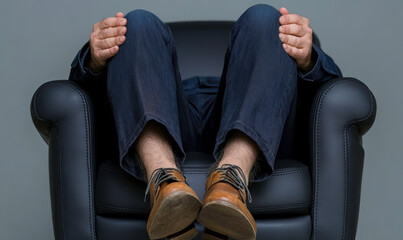 Person sitting on a black recliner chair with legs crossed and hands resting on knees against a neutral background in a relaxed, introspective pose