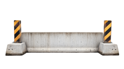Concrete road barrier with hazard stripes on transparent background