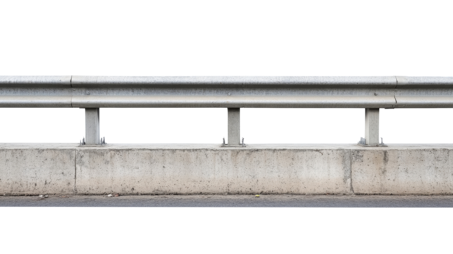 Metal guard rail on concrete curb with transparent background