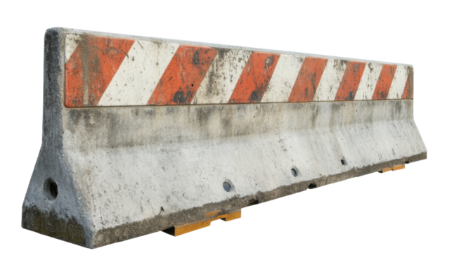 Old concrete road barrier with red and white stripes on transparent background