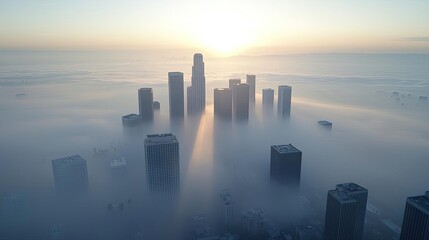Fototapeta premium Heat wave climate change idea. Aerial view of a city skyline at sunrise with fog creating a mystical atmosphere.