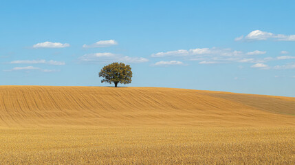 Fototapeta premium A solitary tree stands on a golden wheat field under a clear blue sky with scattered clouds.