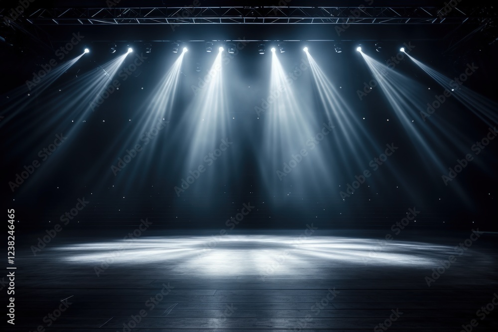 Poster dramatic stage lighting with soft rays illuminating a dark performance area perfect for artistic sho