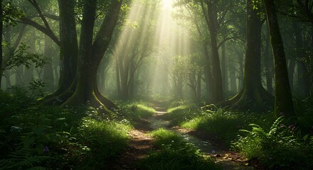Obraz premium Sunlit Forest Path Magical Nature Scene Wallpaper