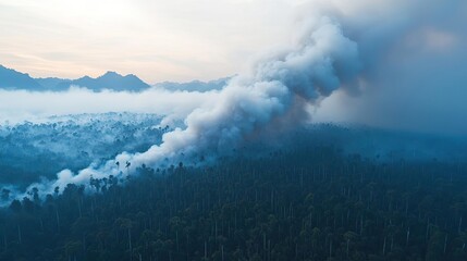 Fototapeta premium Climate change global warming idea. Aerial view of smoke rising over a forest landscape during sunset.