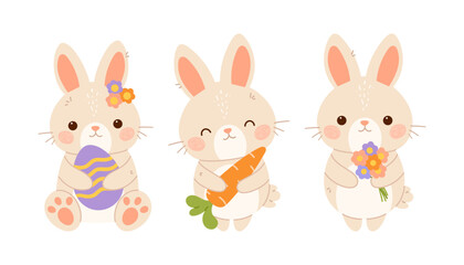 Set of cute little bunnies with carrot, easter egg and flowers. Flat vector isolated illustration