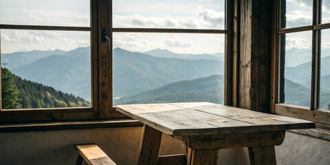 An Empty Wooden Table with Mountains in the Background: A Scenic View for Relaxation and Inspiration