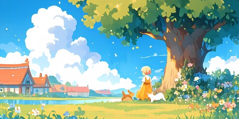 Landscape children drawing illustration