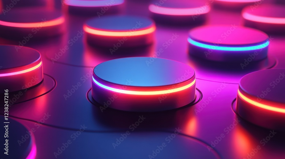 Poster neon-lit control panel buttons; futuristic interface, digital background, technology website use