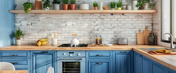 Modern classic blue 2020 pantone kitchen interior with white brick walls, wooden countertops with a built in sink and a cooker. color of the year