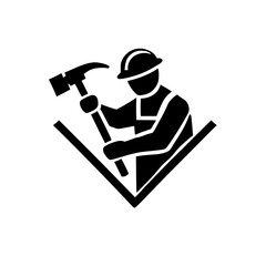 A Black and White Icon of a Construction Worker with a Hammer. A Symbol of Industry, Labor, and Construction. Perfect for Construction Company Logos and Websites.