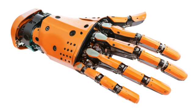 Orange robotic hand reaching out on transparent background