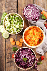 Assortment of Grated Vegetable Salads (Carrot, Red Cabbage, Cucumber)
