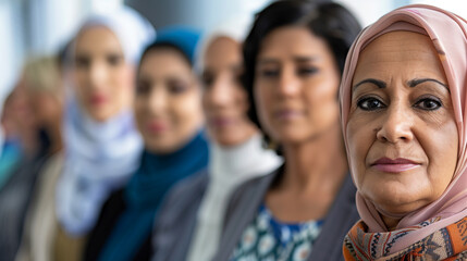 Fototapeta premium Diverse Business Women Line Up for Gender Equality, Hijab-Wearing Arabic Woman in Focus, Corporate Diversity Goals, Studio Portrait