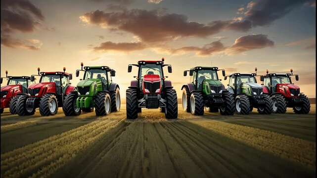A vibrant sunset highlights a row of modern tractors lined up in a stunning rural landscape in the golden hour of twilight
