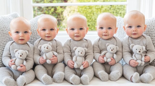 Five adorable identical baby boys in matching grey outfits holding teddy bears.