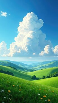 A majestic cumulus cloud towers high above the rolling hills and green meadows under the open sky, hillside, landscape, clouds