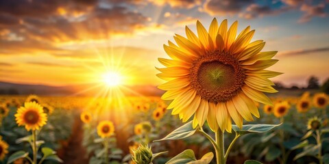 Obraz premium A majestic sunflower standing tall in a field with golden light rays dancing across its petals, background, warm