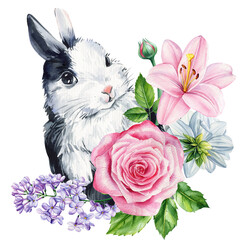 Watercolor bunny isolated. Rabbit, flowers for spring print, invitation, card, poster. Cute baby animal kid sweet dream 