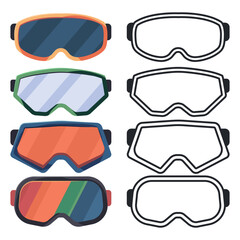 Snowboarding goggles vector cartoon set isolated on a white background.