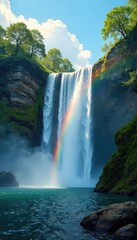 Fototapeta premium a picturesque rainbow effect created by sunlight and water droplets in the waterfall, trees, clear blue sky