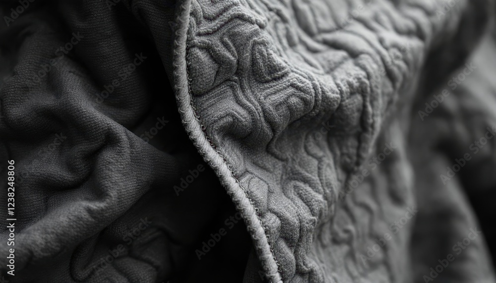 Poster close-up of textured grey fabric with intricate pattern and soft folds