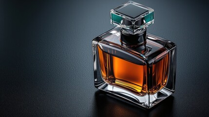 A luxurious glass perfume bottle filled with amber liquid, showcasing elegance and sophistication.