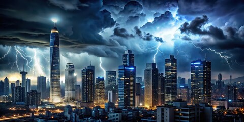 Obraz premium Dark Stormy Skies Over Cityscape at Night, skyscrapers, nature, skyscrapers, nature, urban