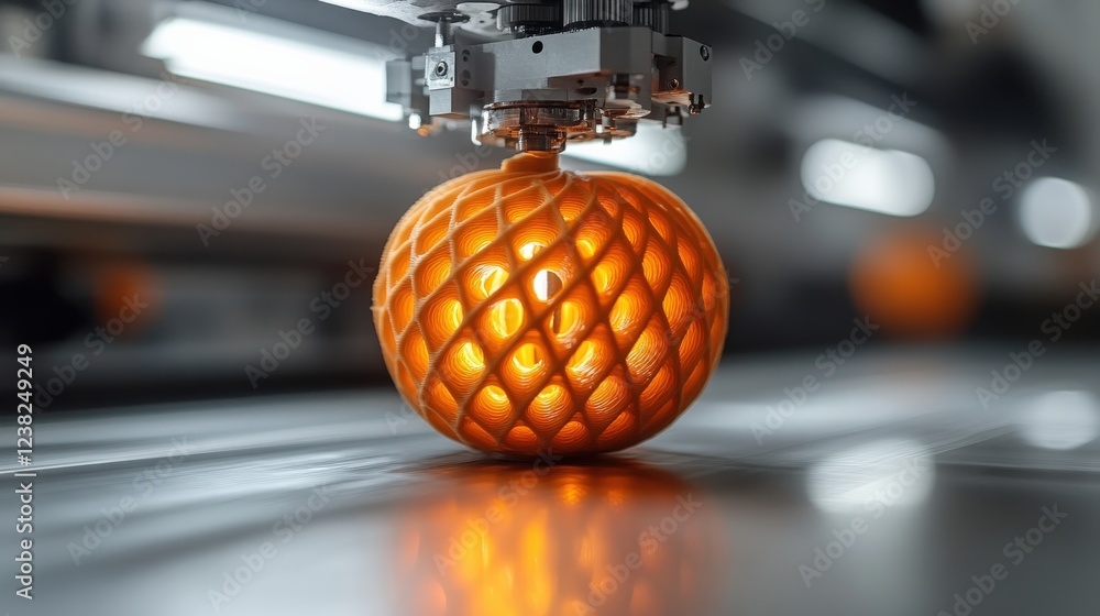 Poster 3d printer creating a vibrant orange spherical object with intricate patterns in a modern workshop