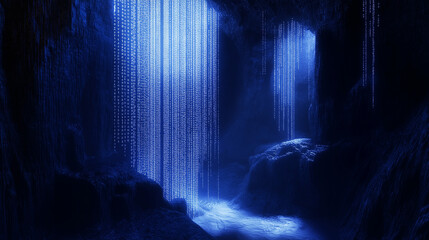 Abstract simulation image, cascading streams of glowing binary code forming the shape of a three-dimensional environment, saturated blue and black colors