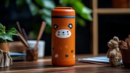 Cute orange bear thermos on wooden desk.
