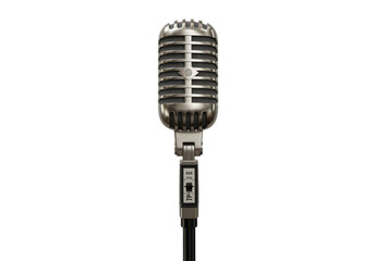 Fototapeta premium A vintage-style microphone with a polished metallic finish, mounted on a stand, isolated on a white background