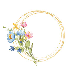 Flowers gold frame border. Watercolor hand drawing floral wreath with place for text, with bouquet. Isolated on white background. Perfect for logo.