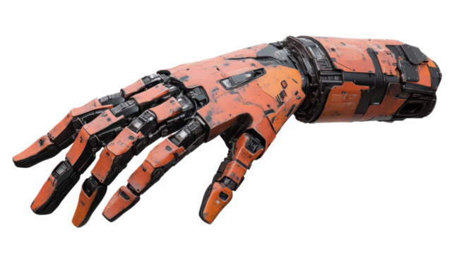 Orange and black robotic hand reaching out on transparent background - Powered by Adobe