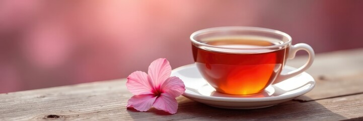 Fototapeta premium A single soft pink blossom rests beside a warm cup of tea, pink, calming