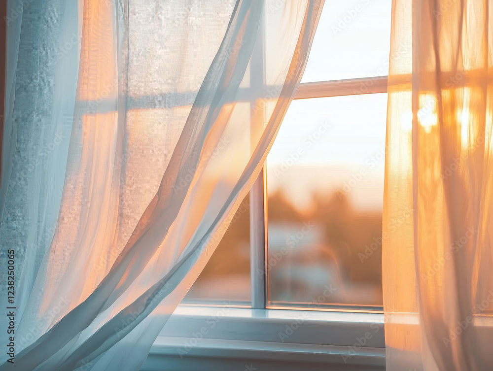 Poster close-up of an open window with flowing curtains and warm sunlight during evening hours