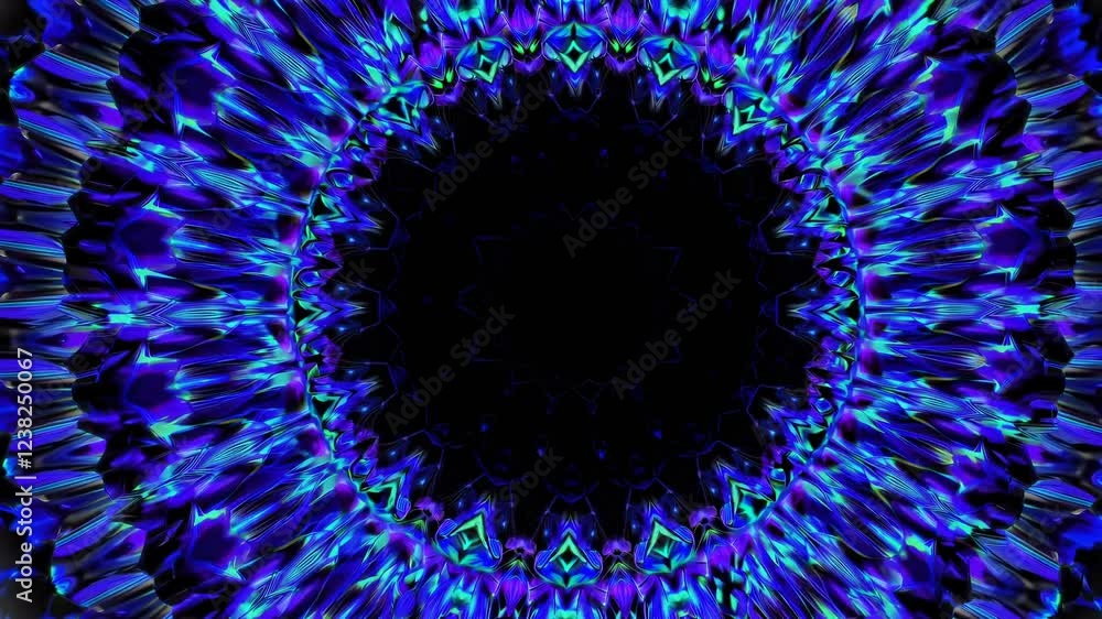 Poster a surreal depiction of a vibrant cobalt-blue iris featuring layered hexagonal patterns, hinting at f