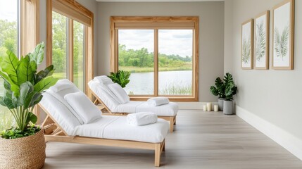 Serene Spa Interior with Relaxation Area and Natural Light Surrounded by Greenery and Calm Water View