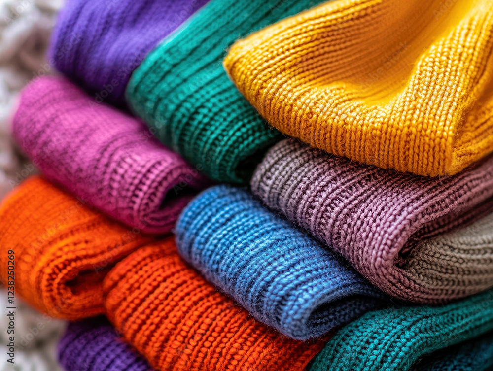 Poster colorful socks neatly folded on a soft surface showcasing vibrant patterns and textures