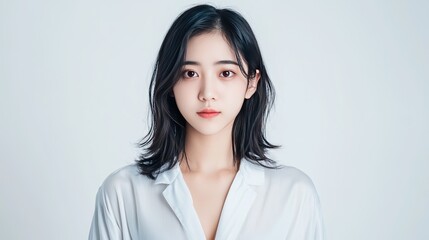 Obraz premium Elegant 18-year-old Asian female model in silk pajamas, front view close-up, delicate skin, graceful pose, soft lighting, clear details, large aperture, natural light, on white background.