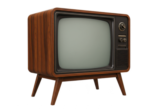 A retro television with a wooden frame, angled legs, and a rounded screen, isolated on a white background